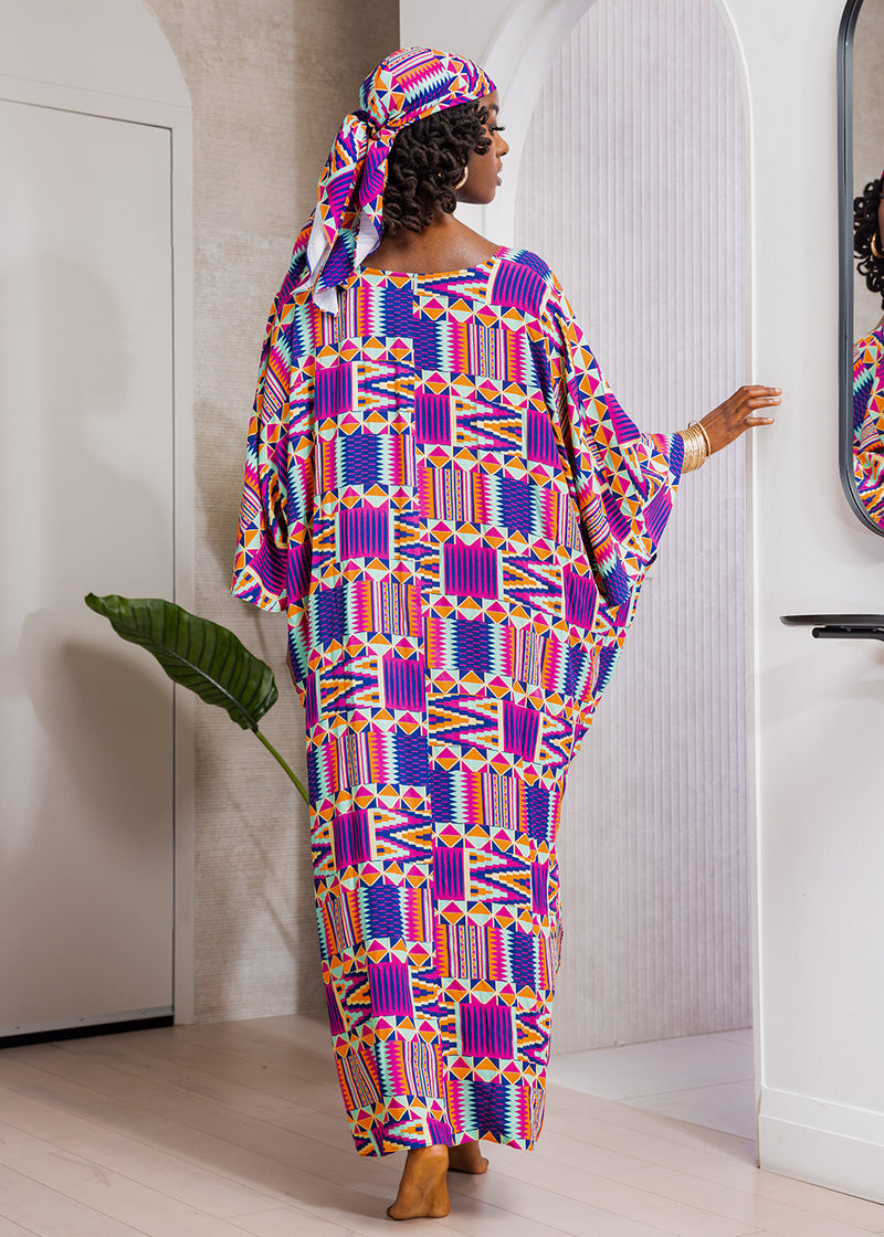 Karimah Women's African Print Kaftan Cover-Up (Mint Purple Kente)-Clearance