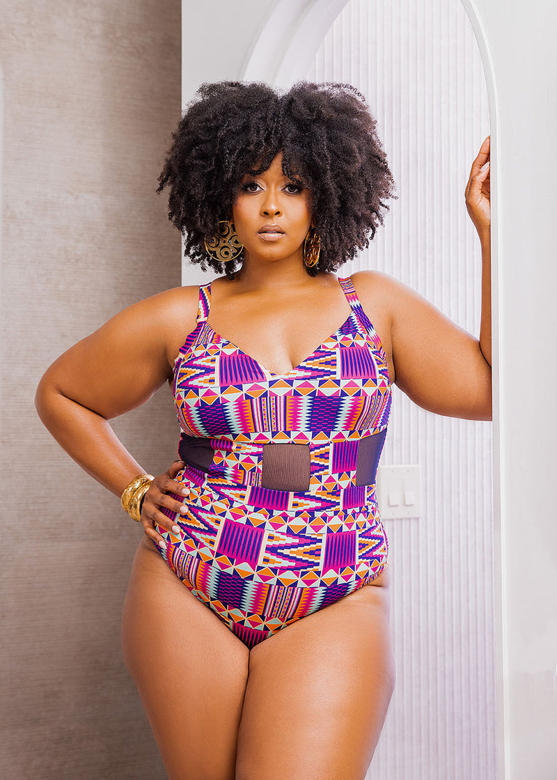 Shadiya Women's African Print One Piece Swimsuit (Mint Purple Kente)