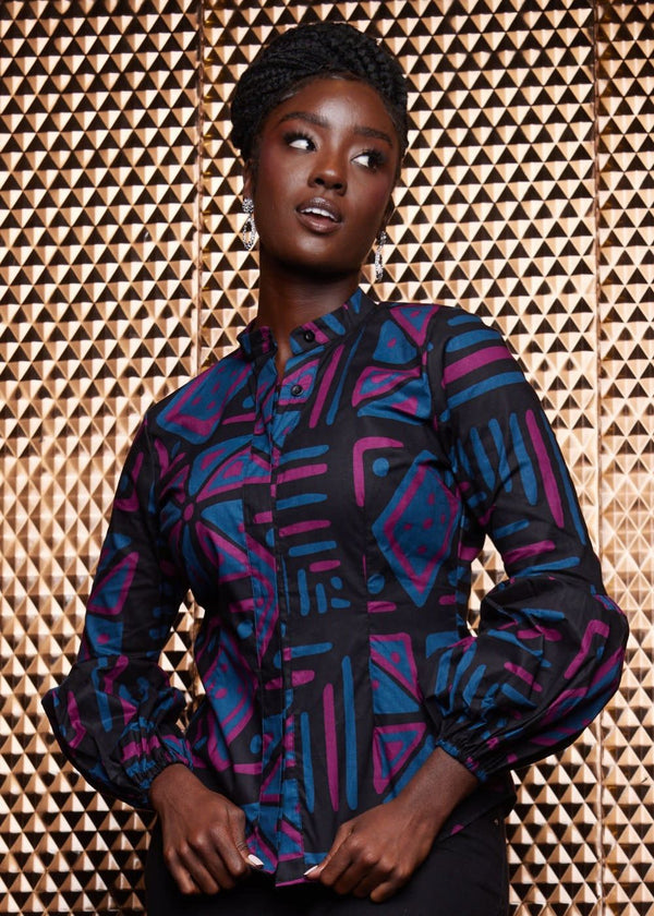 Adaba Women's African Print Mandarin Collar Button-Up (Black Teal Tribal)