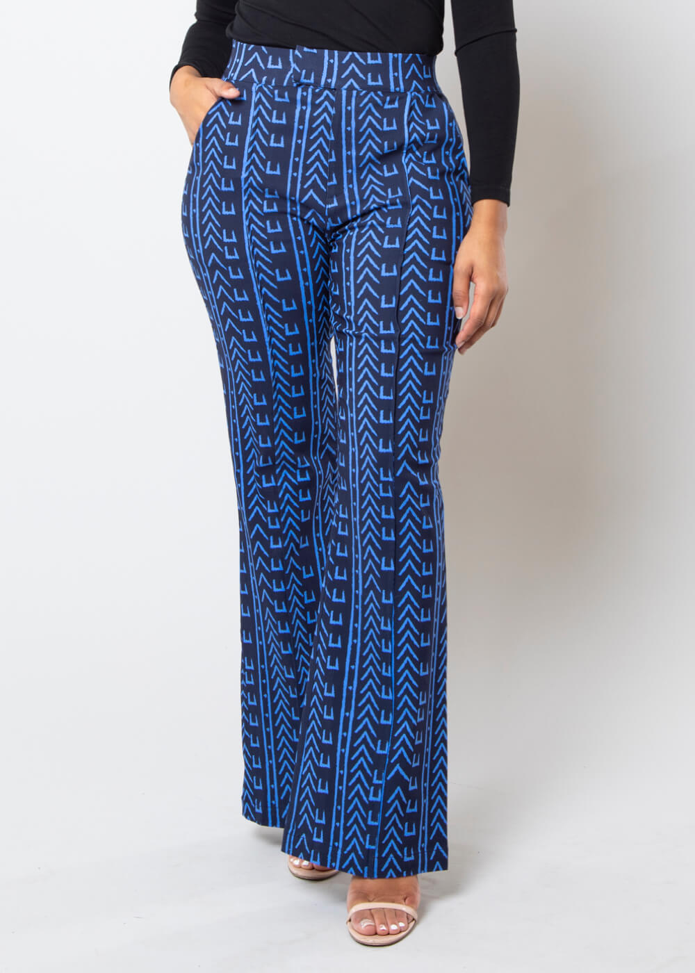 Abebe African Print Stretch Wide Leg Pants Blue Navy