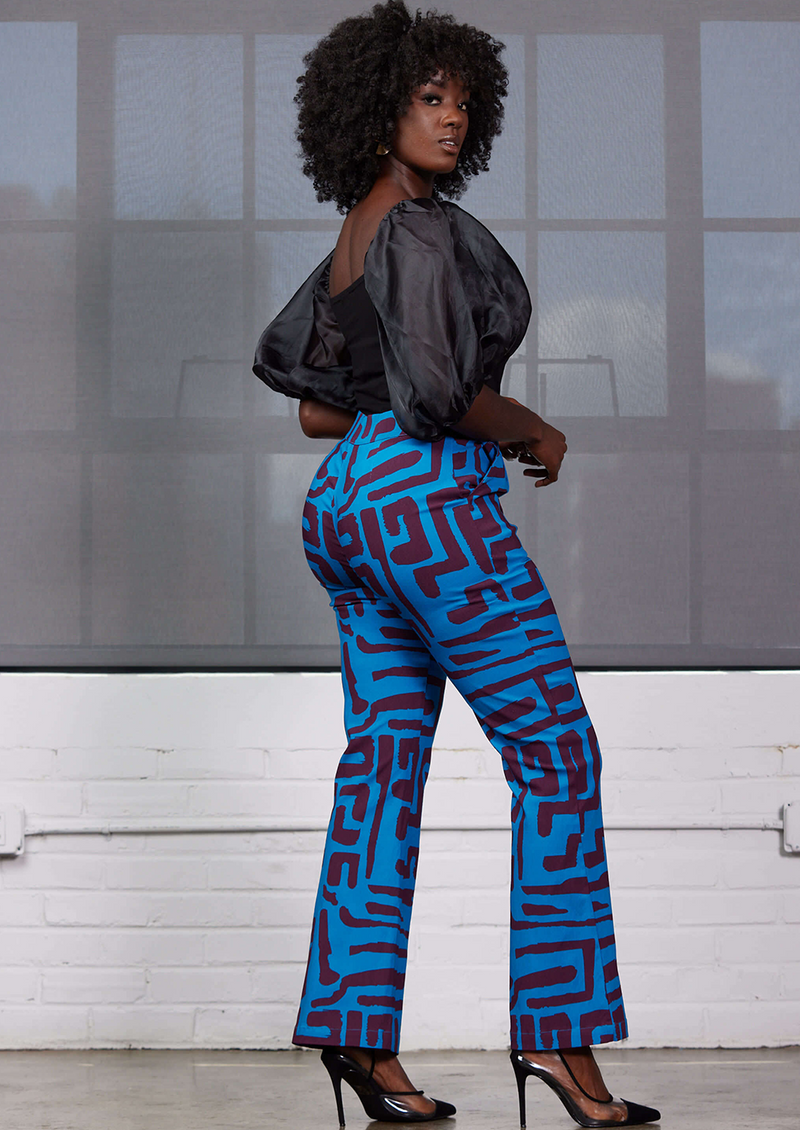 Abebe Women's African Print Stretch Wide Leg Pants (Fig Blue Geometric) - Clearance