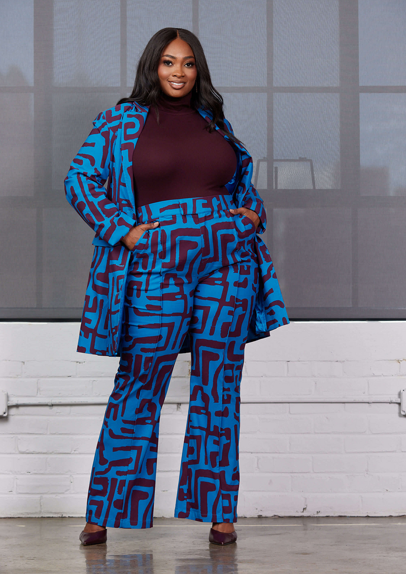 Abebe Women's African Print Stretch Wide Leg Pants (Fig Blue Geometric)