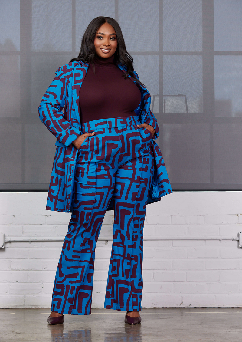 Abebe Women's African Print Stretch Wide Leg Pants (Fig Blue Geometric) - Clearance