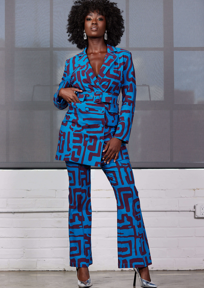 Abebe Women's African Print Stretch Wide Leg Pants (Fig Blue Geometric)