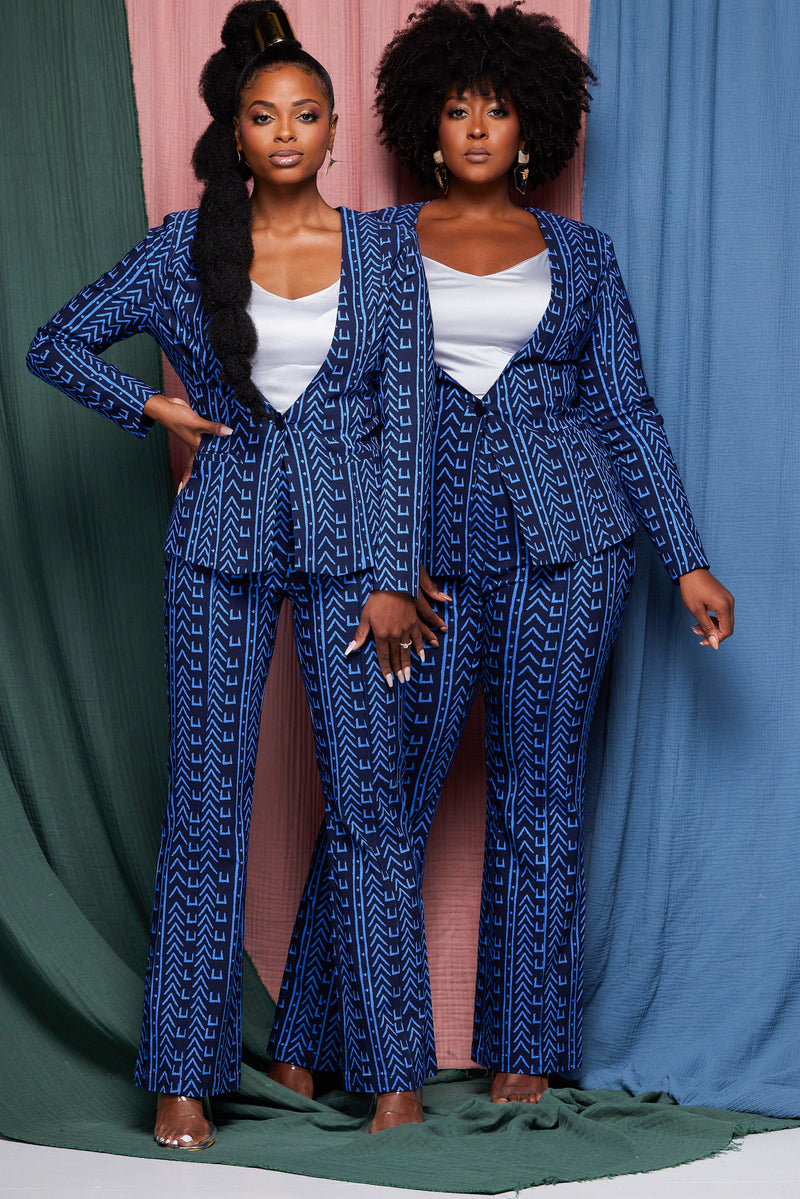 Farjana African Print Stretch Woven Blazer Blue Navy Mudcloth – D