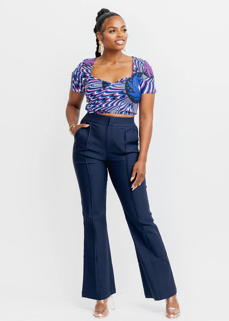Juma Women's African Print Stretch Short Sleeve Crop Top (Purple Blue Flowers)- Clearance