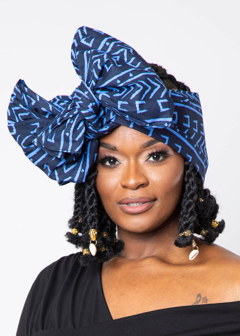 African Print Head Wrap/Scarf (Blue Navy Mudcloth)