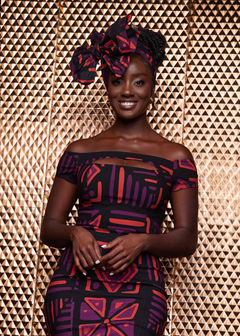 African Print Head Wrap/Scarf (Black Peach Tribal)
