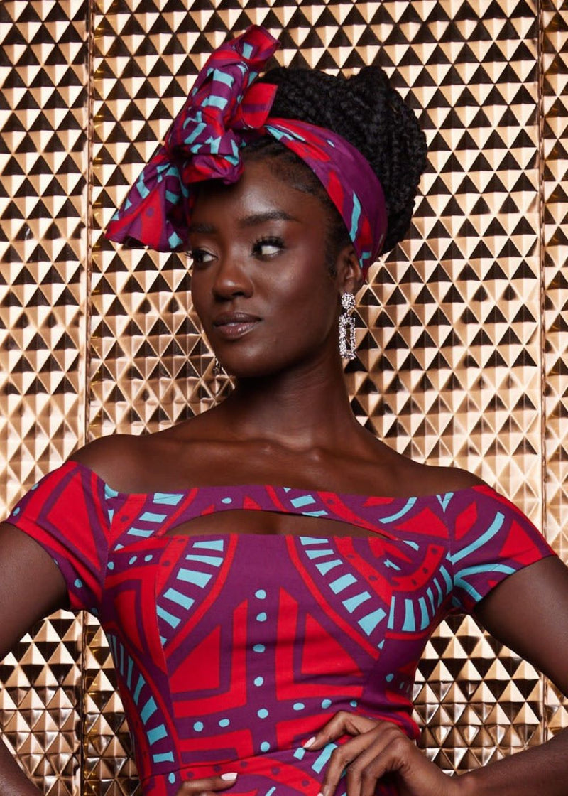 Keruba Women's African Print Stretch Dress (Red Mint Medallion)