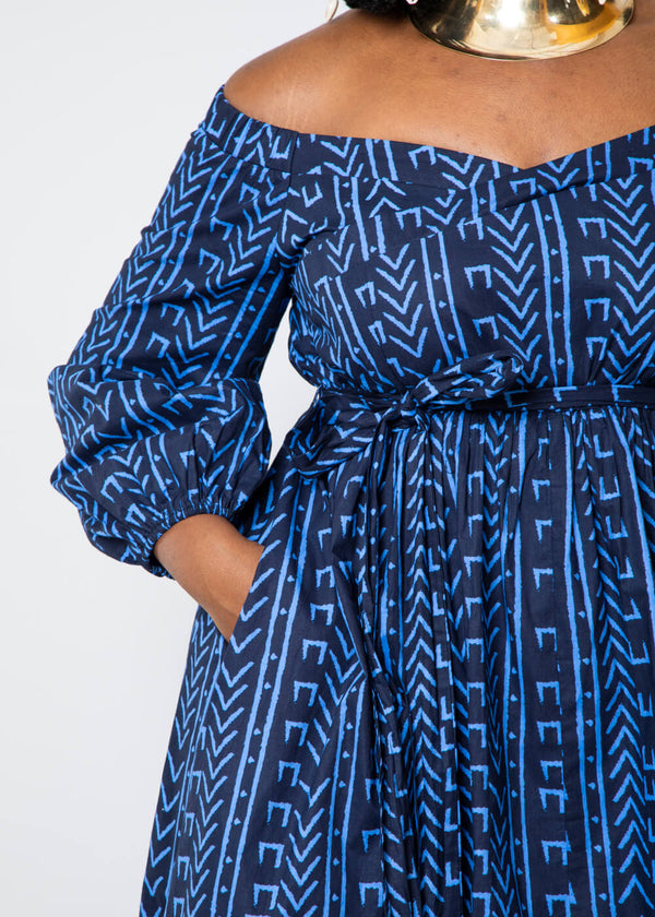 Afua Women's African Print High-Low Off-Shoulder Maxi Dress (Blue Navy Mudcloth)