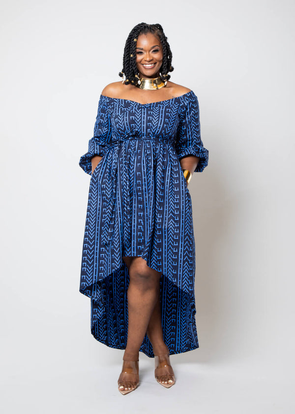 Afua Women's African Print High-Low Off-Shoulder Maxi Dress (Blue Navy Mudcloth)