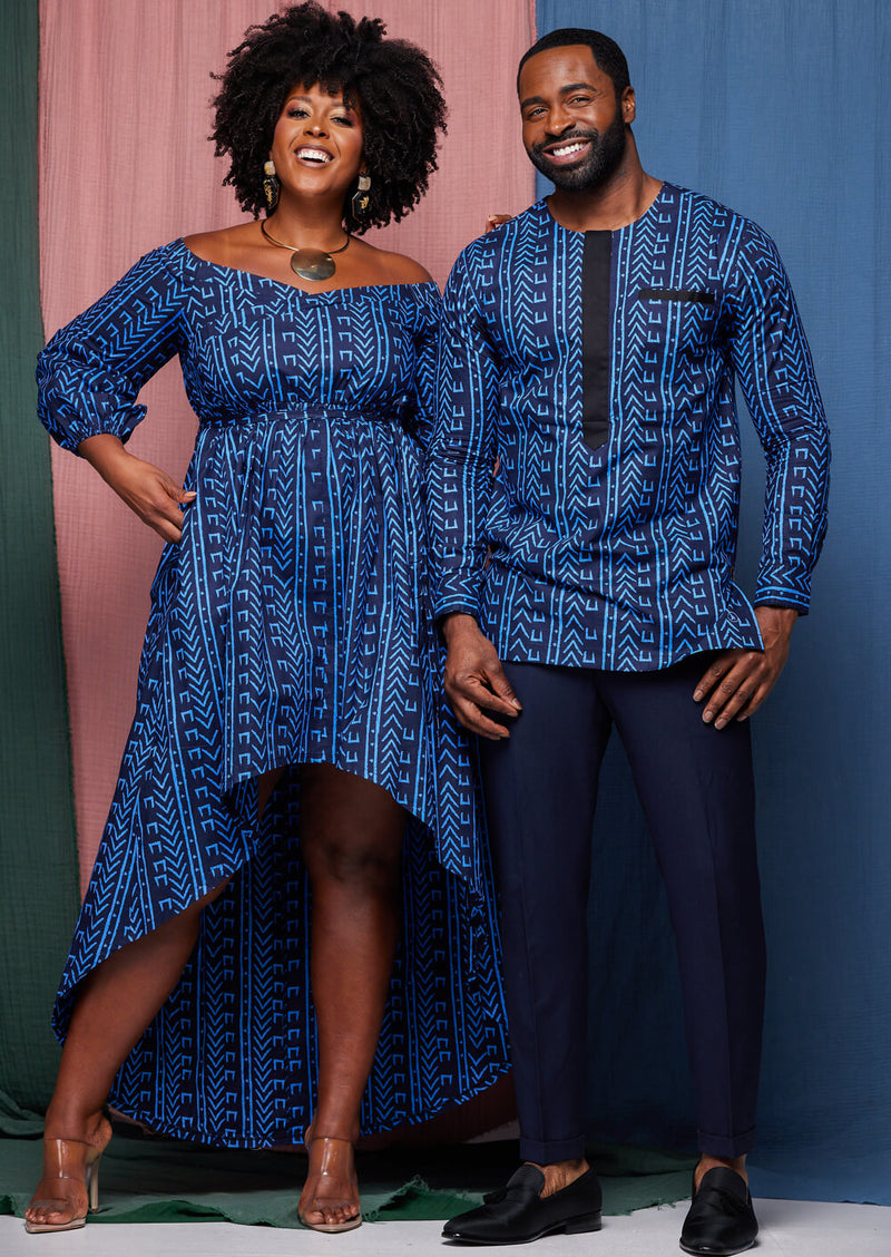 Ibrahim Men's African Print Traditional Shirt (Blue Navy Mudcloth)
