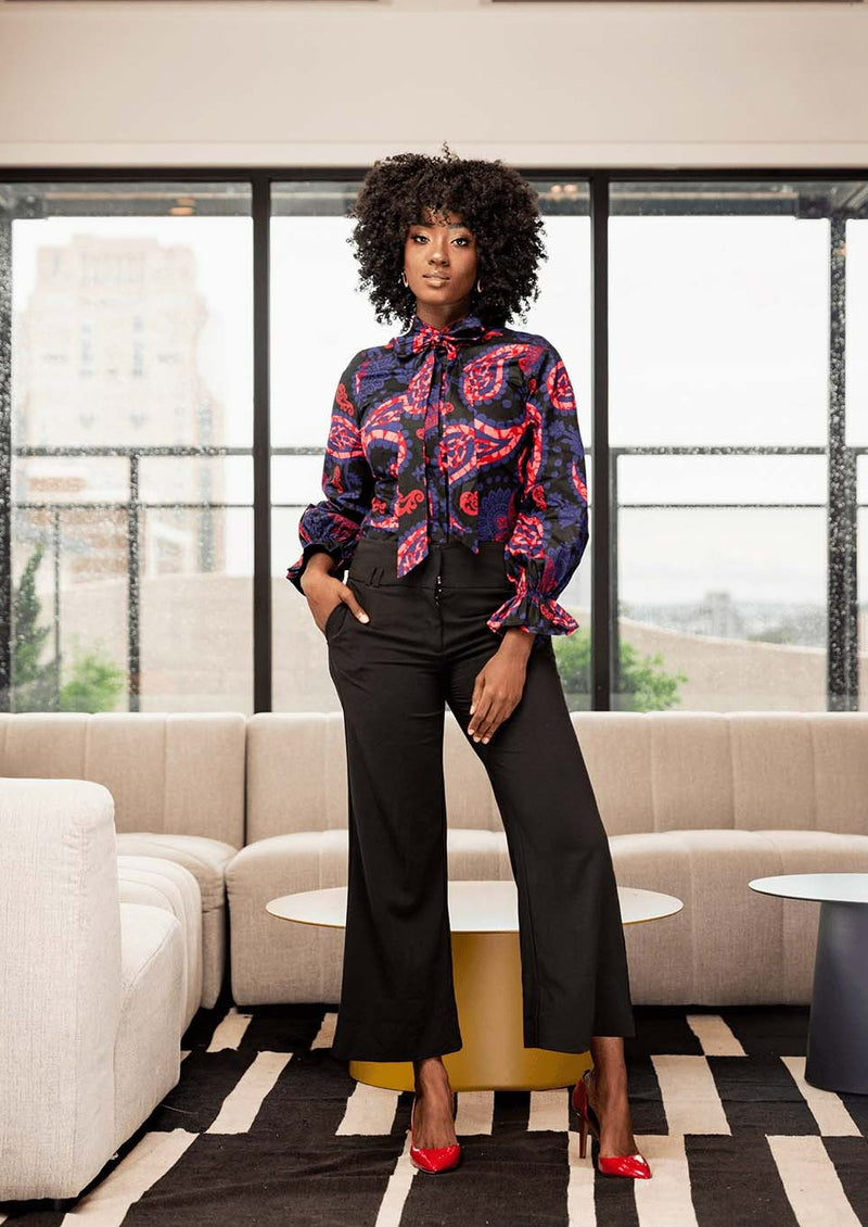 Akinyi Women's African Print Blouse (Black Maroon Paisley) - Clearance
