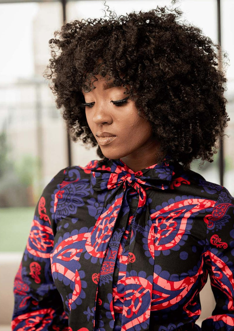 Akinyi Women's African Print Blouse (Black Maroon Paisley) - Clearance