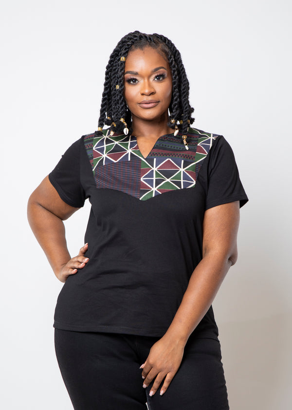 Alikah Women's African Print Color-Blocked Applique T-shirt (Black/Black Red Kente) - Clearance