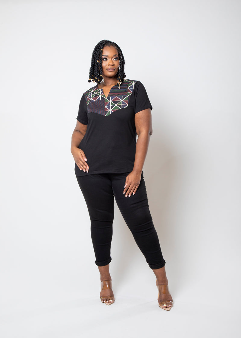Alikah Women's African Print Color-Blocked Applique T-shirt (Black/Black Red Kente) - Clearance