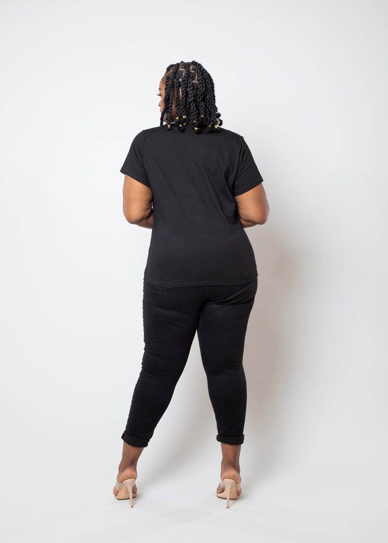 Alikah Women's African Print Color-Blocked Applique T-shirt (Black/Black Red Kente) - Clearance