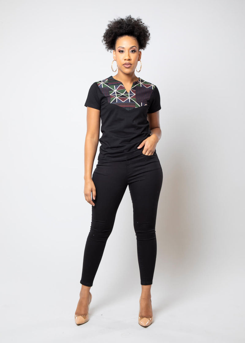 Alikah Women's African Print Color-Blocked Applique T-shirt (Black/Black Red Kente) - Clearance