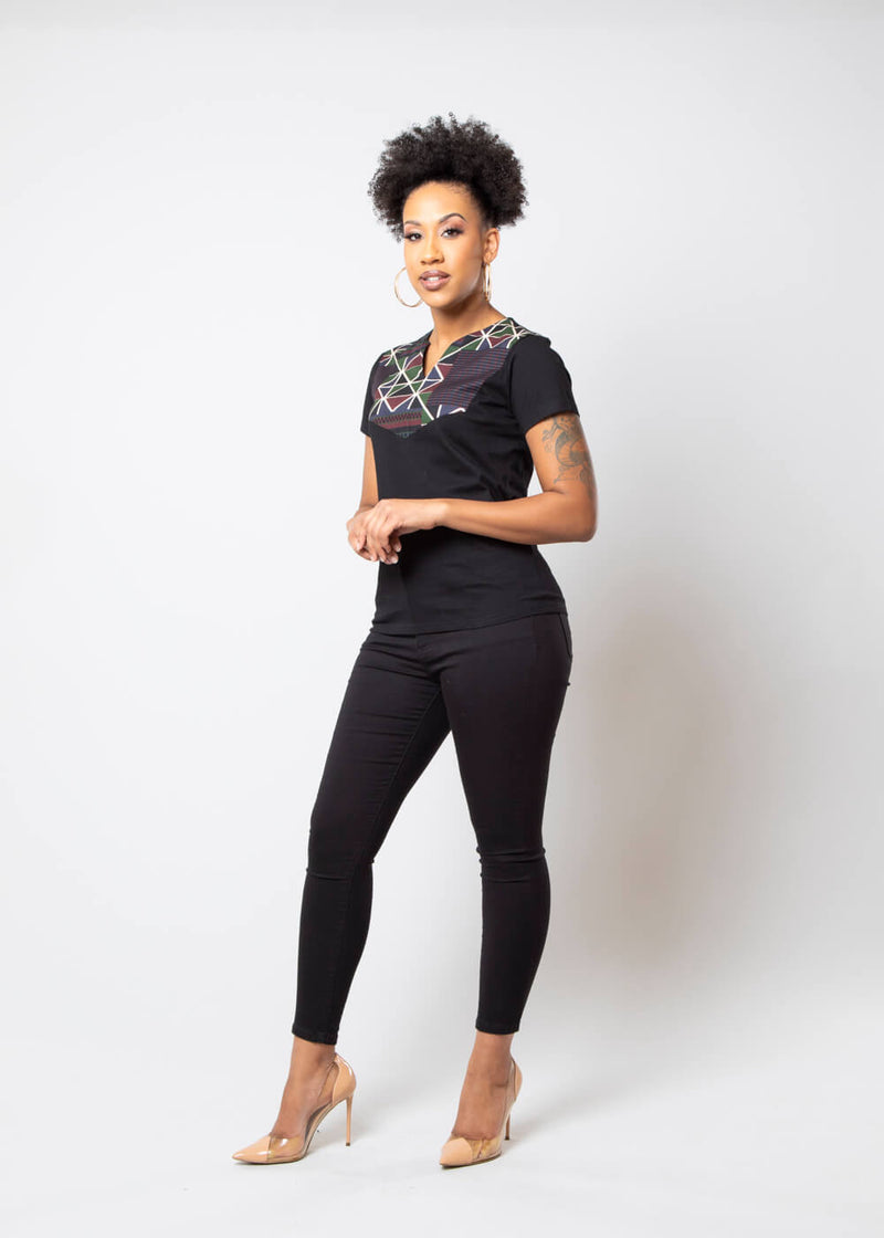 Alikah Women's African Print Color-Blocked Applique T-shirt (Black/Black Red Kente) - Clearance