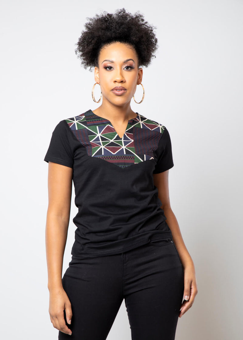 Alikah Women's African Print Color-Blocked Applique T-shirt (Black/Black Red Kente) - Clearance