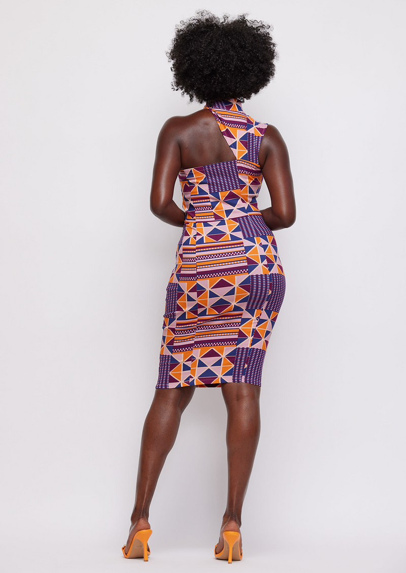 Amaka Women's African Print Stretch Dress (Orange Purple Kente)