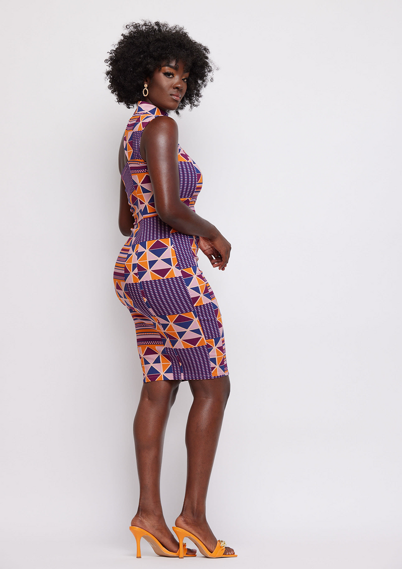 Amaka Women's African Print Stretch Dress (Orange Purple Kente)