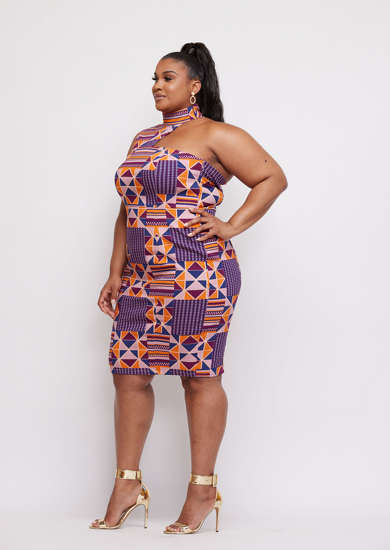 Amaka Women's African Print Stretch Dress (Orange Purple Kente)