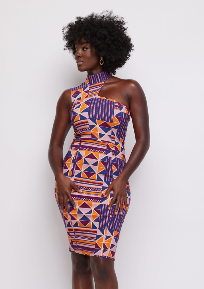 Amaka Women's African Print Stretch Dress (Orange Purple Kente)