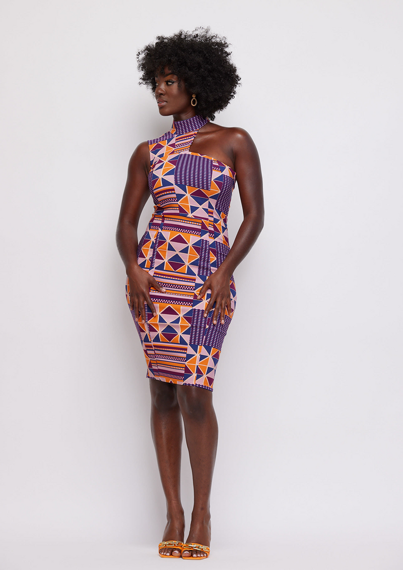 Amaka Women's African Print Stretch Dress (Orange Purple Kente)