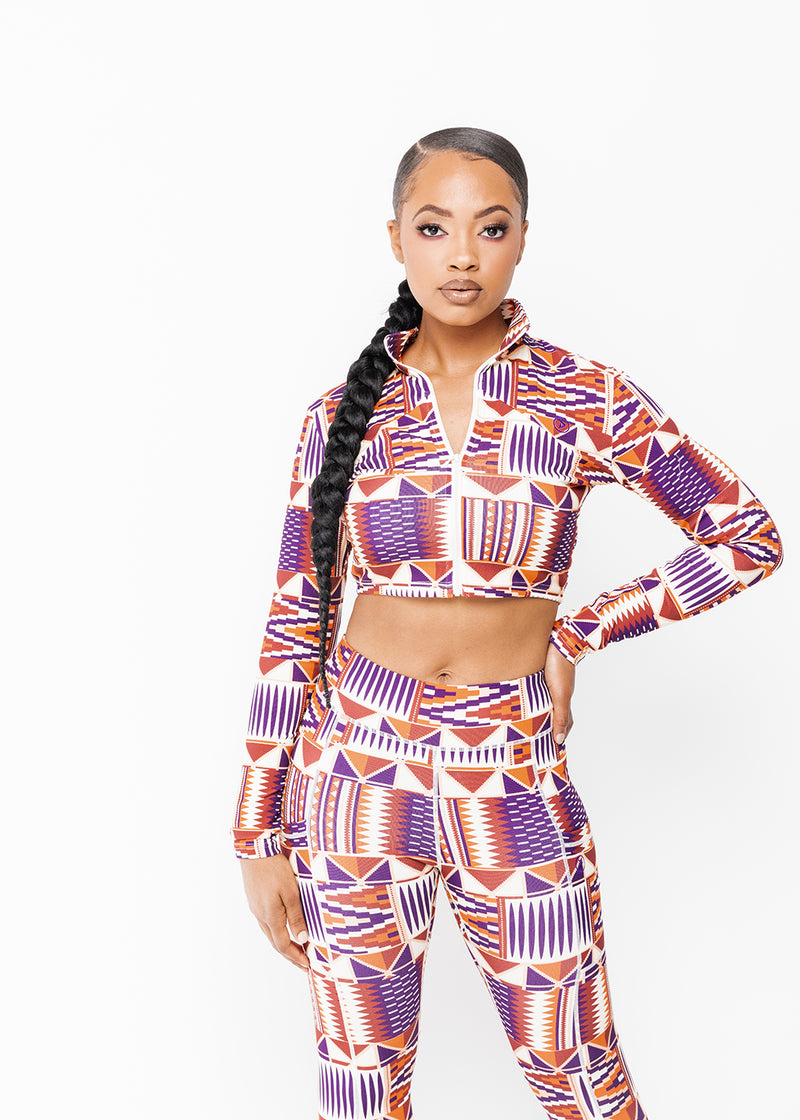 Anaya Women's African Print Zip-Up Crop Top (Cream Maroon Kente)