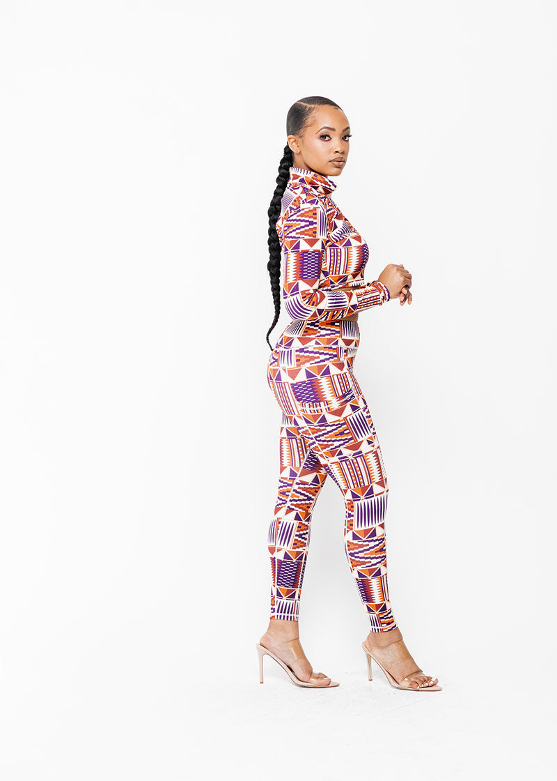Anaya Women's African Print Zip-Up Crop Top (Cream Maroon Kente)