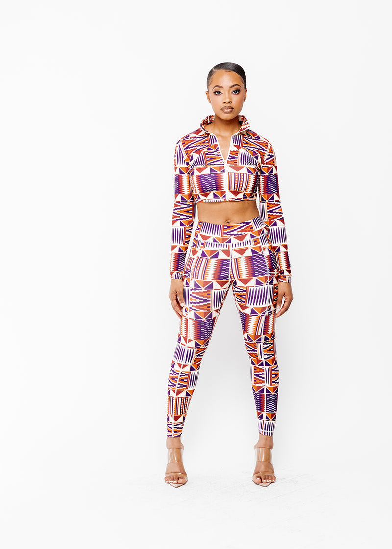 Anaya Women's African Print Zip-Up Crop Top (Cream Maroon Kente)