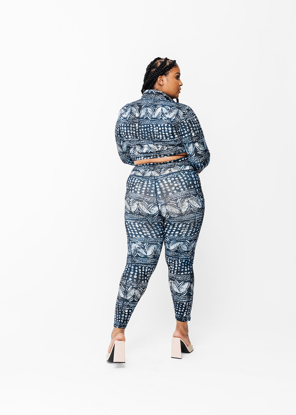 Anaya African Print Zip-Up Crop Top Navy Gray Adire