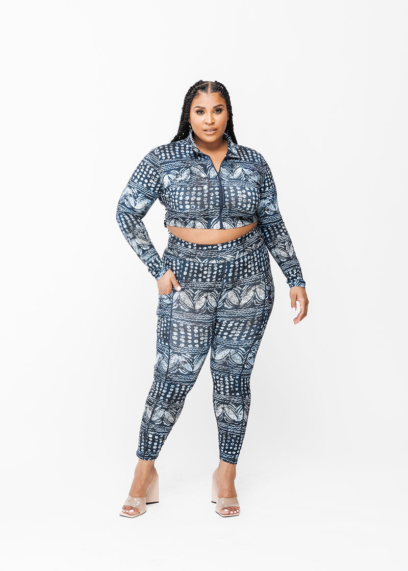 Anaya Women's African Print Zip-Up Crop Top (Navy Gray Adire)