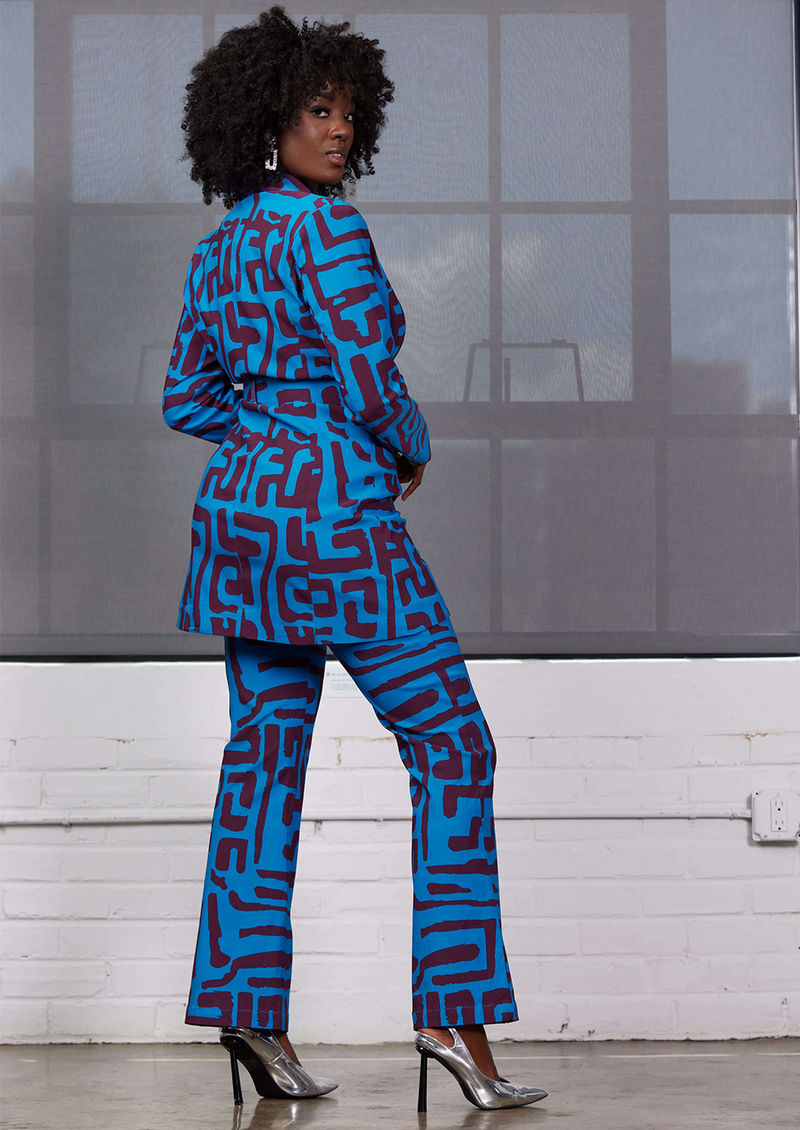 Aniq Women's African Print Stretch Blazer Dress (Fig Blue Geometric) - Clearance