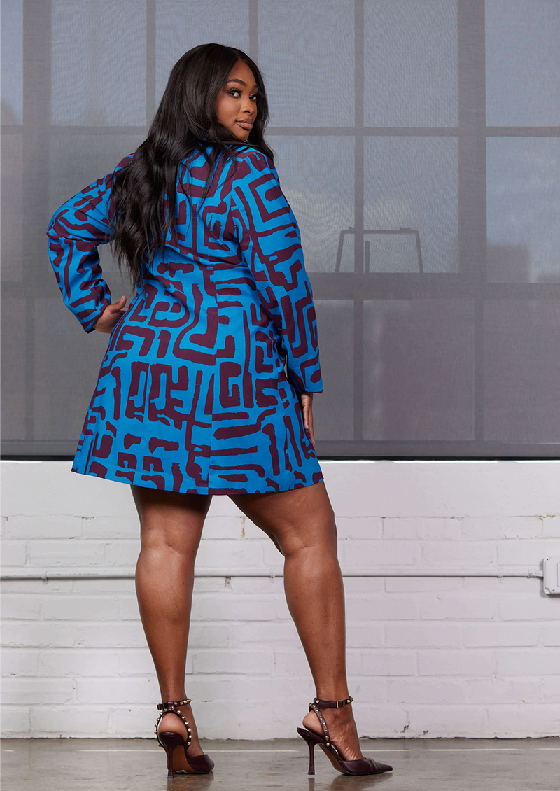 Aniq Women's African Print Stretch Blazer Dress (Fig Blue Geometric) - Clearance