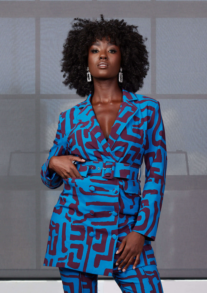 Aniq Women's African Print Stretch Blazer Dress (Fig Blue Geometric) - Clearance