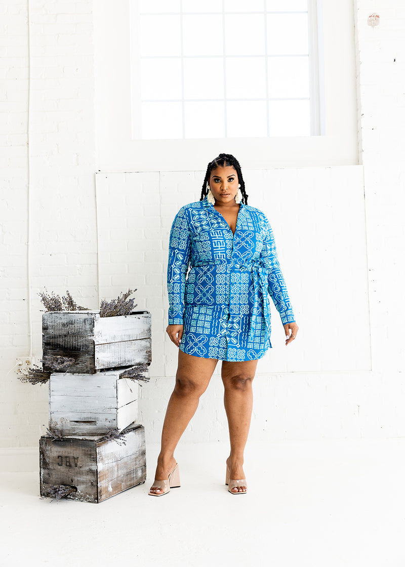 Aniyah Women's African Print Button-Up Shirt Dress (Cool Blue Adire) - Clearance