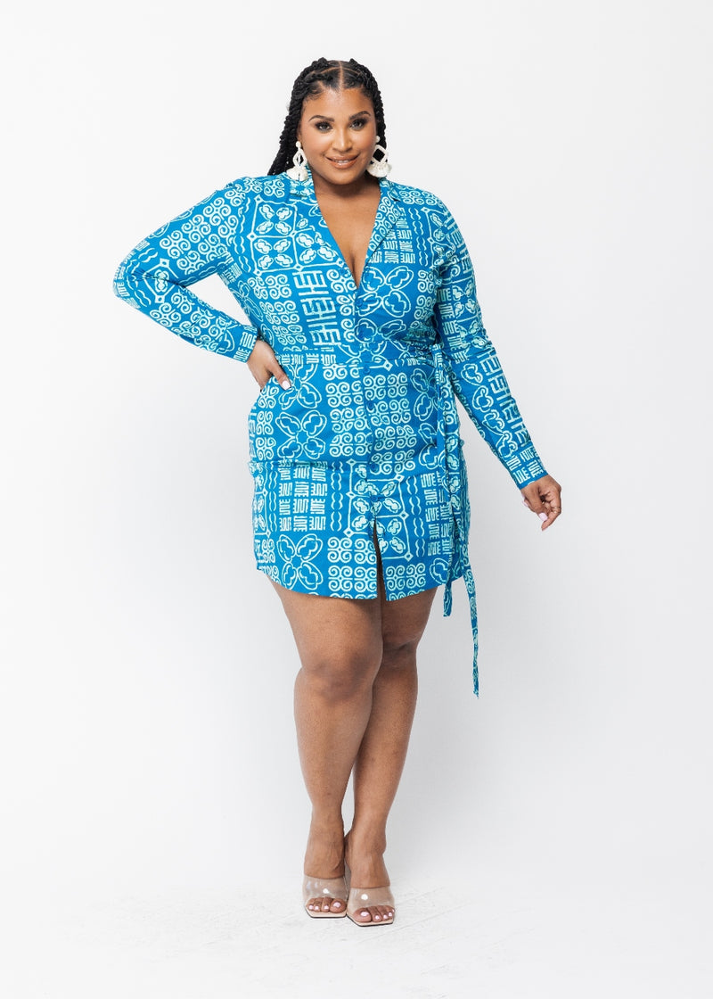 Aniyah Women's African Print Button-Up Shirt Dress (Cool Blue
