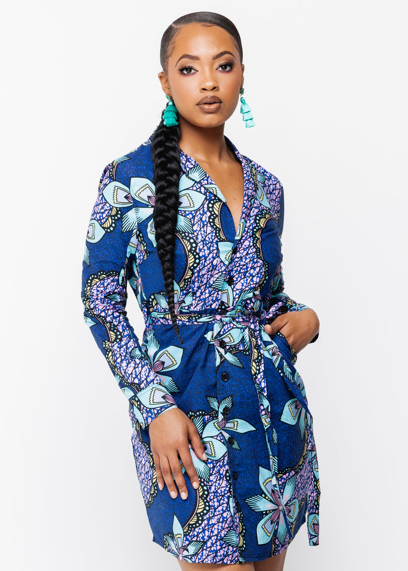 Aniyah Women's African Print Button-Up Shirt Dress (Light Blue Pink Iris)