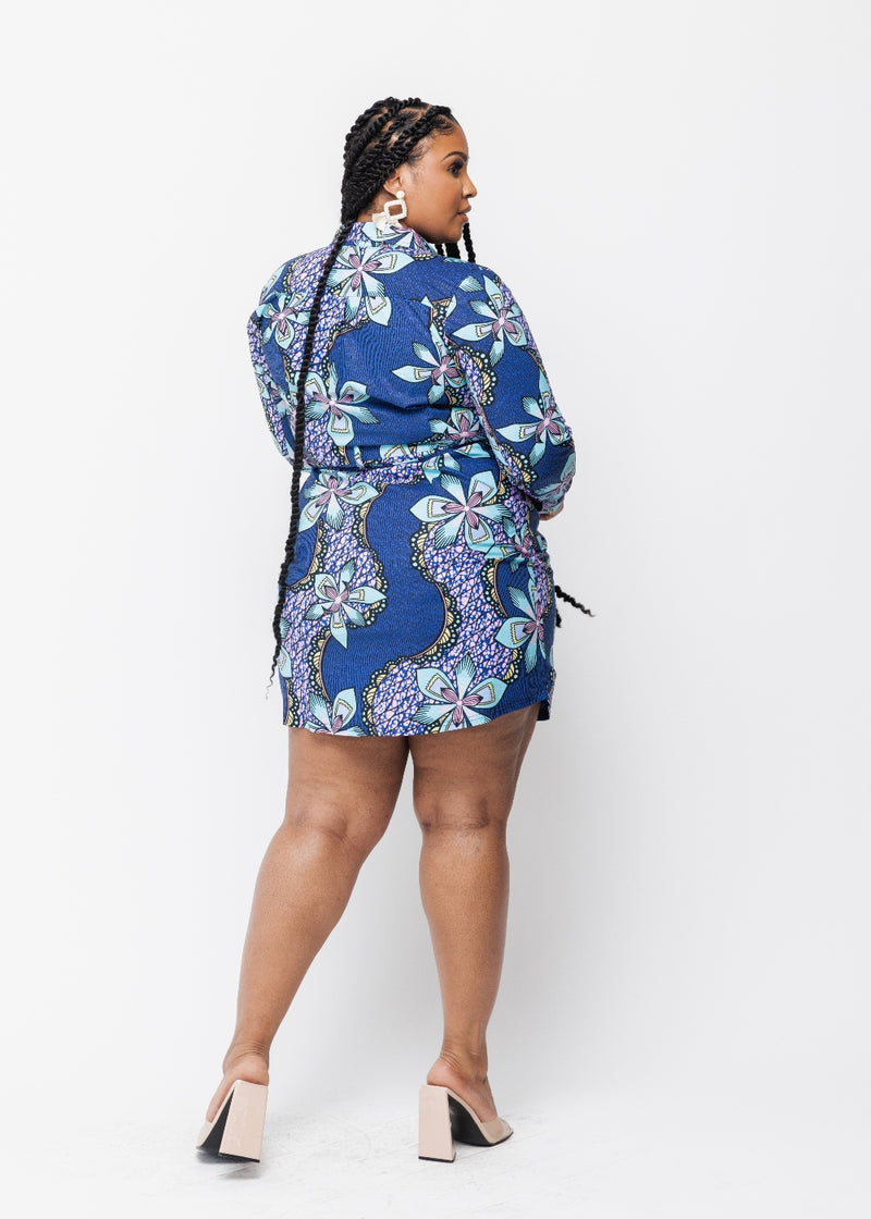 Aniyah Women's African Print Button-Up Shirt Dress (Light Blue Pink Iris)