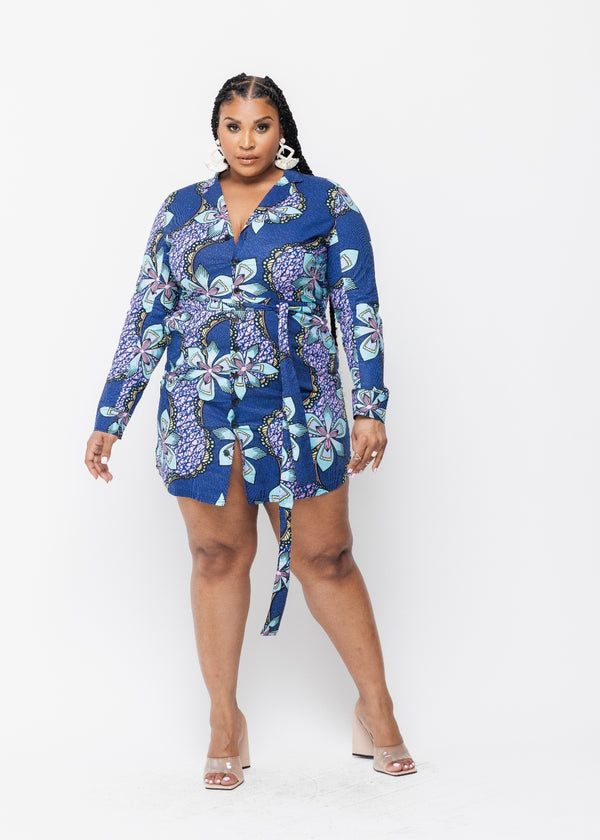 Aniyah Women's African Print Button-Up Shirt Dress (Light Blue Pink Iris)