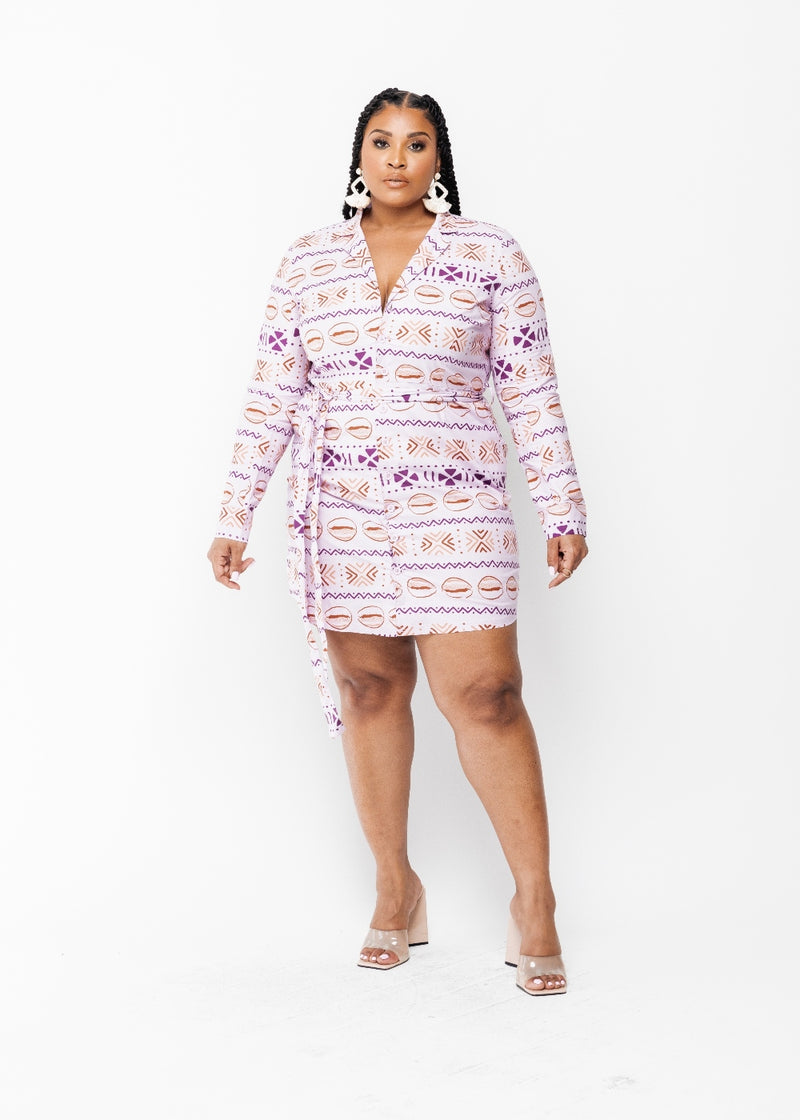 Aniyah Women's African Print Button-Up Shirt Dress (Mauve Plum Mudcloth) - Clearance
