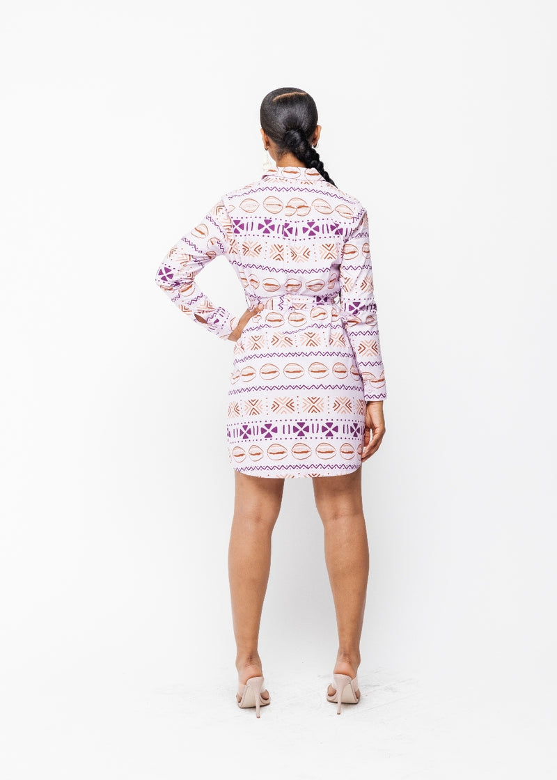 Aniyah Women's African Print Button-Up Shirt Dress (Mauve Plum Mudcloth) - Clearance