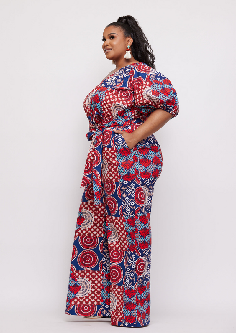 Atunbi Women's African Print Jumpsuit (Maroon Circle Multipattern) -Clearance
