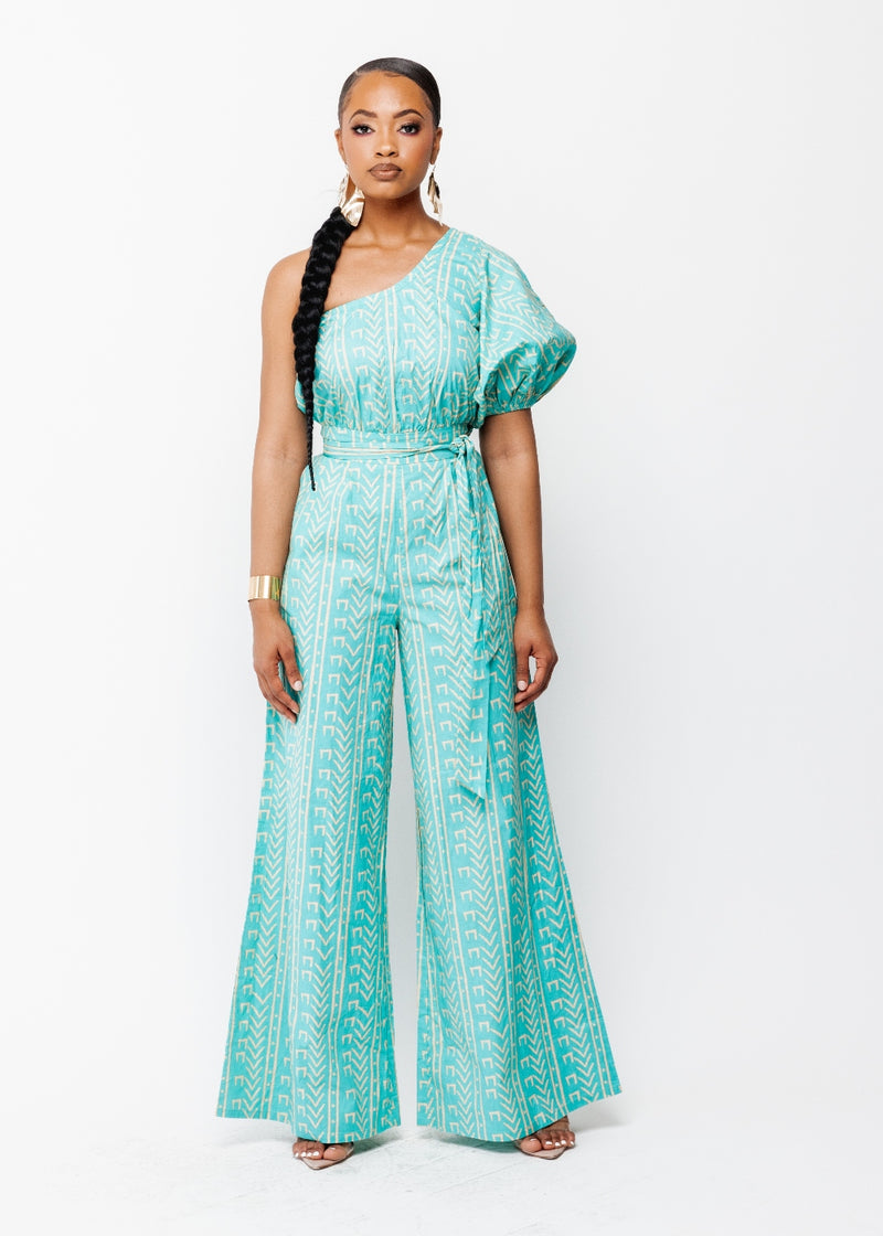 Atunbi Women's African Print One-Shoulder Jumpsuit (Mint Tan Mudcloth)