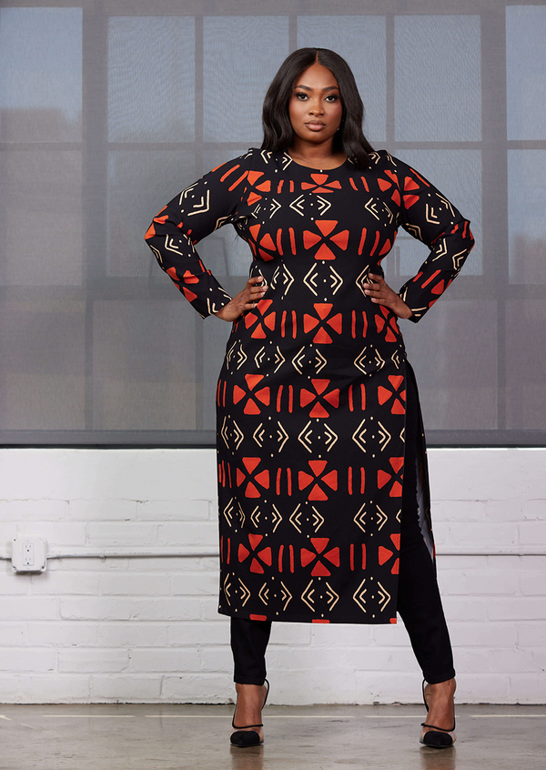 Chidima Women's African Print Stretch Tunic Dress (Natural Mudcloth)