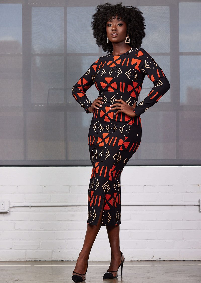 Chidima Women's African Print Stretch Tunic Dress (Natural Mudcloth)