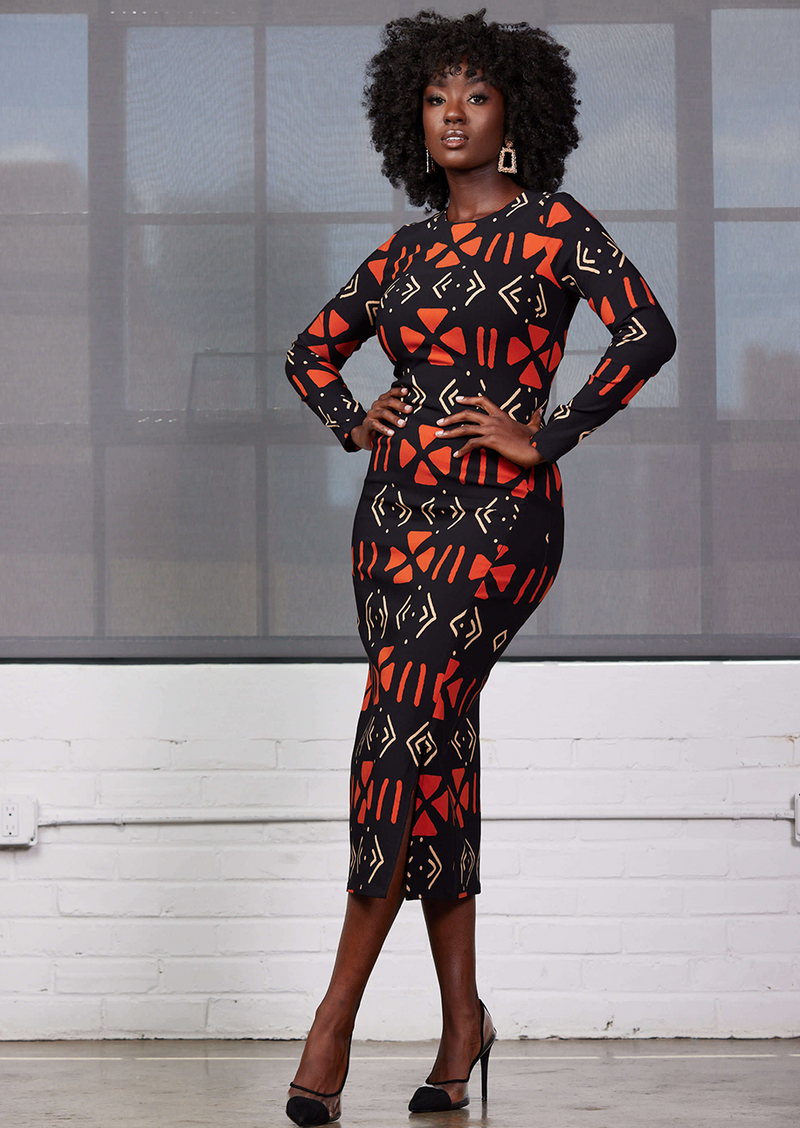 Chidima Women's African Print Stretch Midi Dress (Natural Mudcloth)