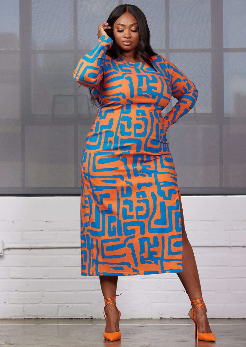 Chidima Women's African Print Stretch Midi Dress (Orange Blue Geometric)